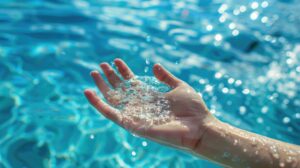 Mão espalhando água cristalina de uma piscina, ilustrando a importância da qualidade da água e da manutenção adequada.