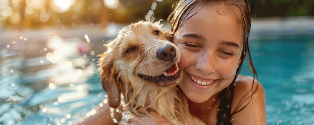 Menina abraçada com cachorro na piscina em um dia de sol