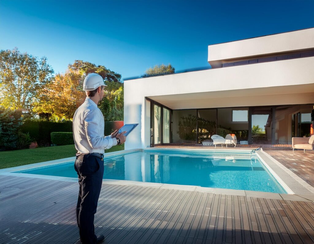 Arquiteto observando a área externa de uma casa moderna com piscina, avaliando como a luz natural influencia o projeto de iluminação de piscina.