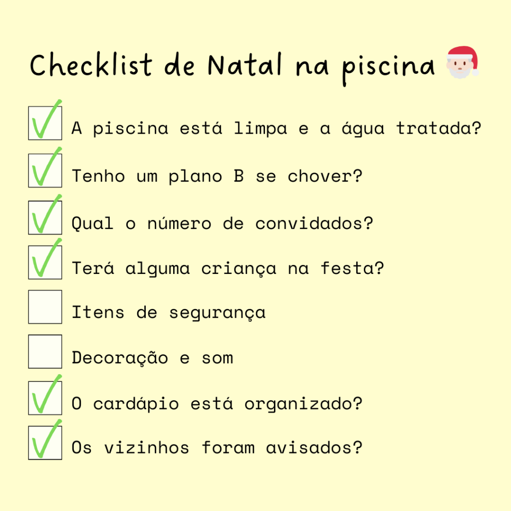 Checklist para preparar a ceia de Natal na piscina com itens como limpeza, organização e decoração