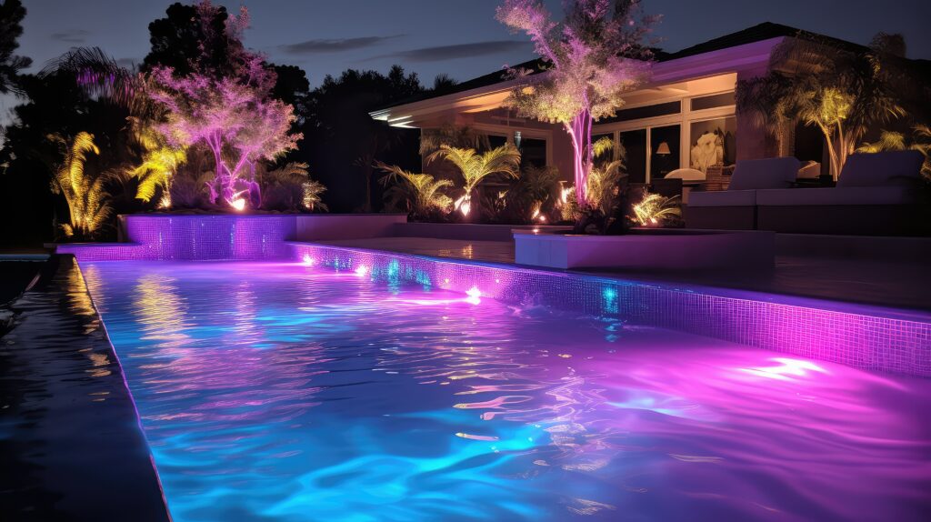 Piscina de luxo iluminada com leds para piscina em roxo e azul