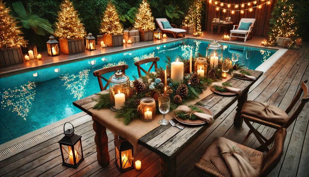 Decoração rústica para ceia de Natal na piscina, com luzes aconchegantes e mesa temática.