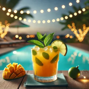 Drink tropical com decoração de Natal ao lado da piscina, rodeado por luzes festivas e frutas frescas