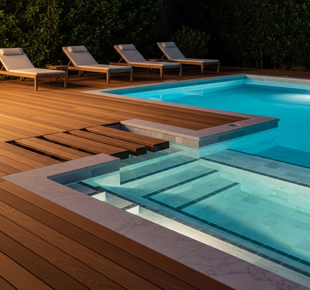 Piscina com deck iluminada durante a noite.
