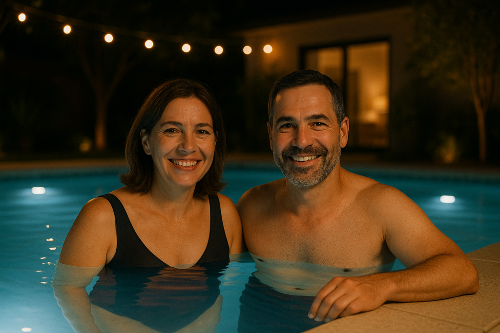 Casal em piscina iluminada durante a noite.