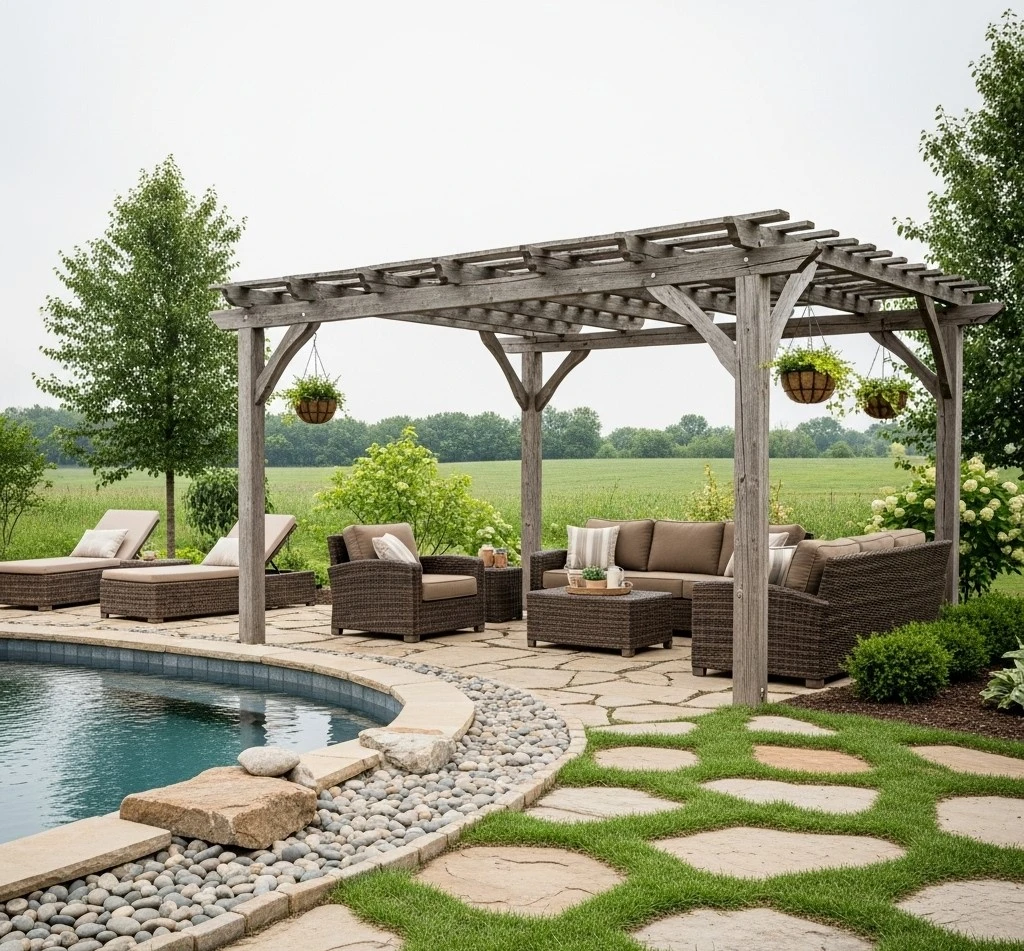 Parte externa da piscina com pergolado e acentos.