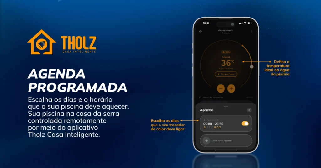 Controle total na palma da mão: programe seu Trocador de Calor Tholz pelo app Tholz Casa Inteligente e certifique-se de que sua piscina estará na temperatura perfeita quando chegar.