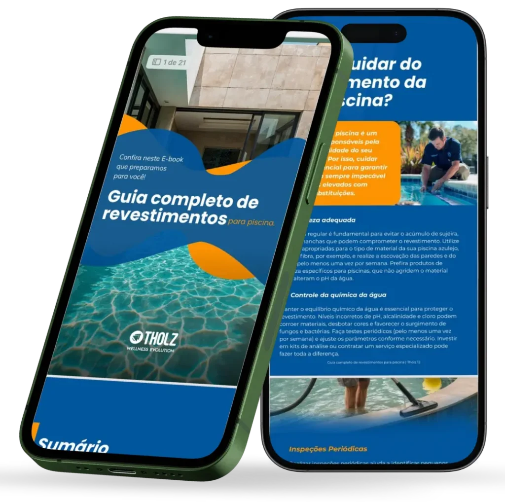 Mockup de dois smartphones exibindo páginas do eBook da Tholz intitulado “Guia completo de revestimentos para piscina”, com capa ilustrada por uma piscina e páginas internas com dicas de manutenção e cuidados.