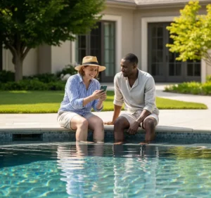 Pessoa pesquisando sobre como funciona o gerador de cloro por sal, enquanto conversa à beira da piscina sobre formas de automatizar o tratamento da água