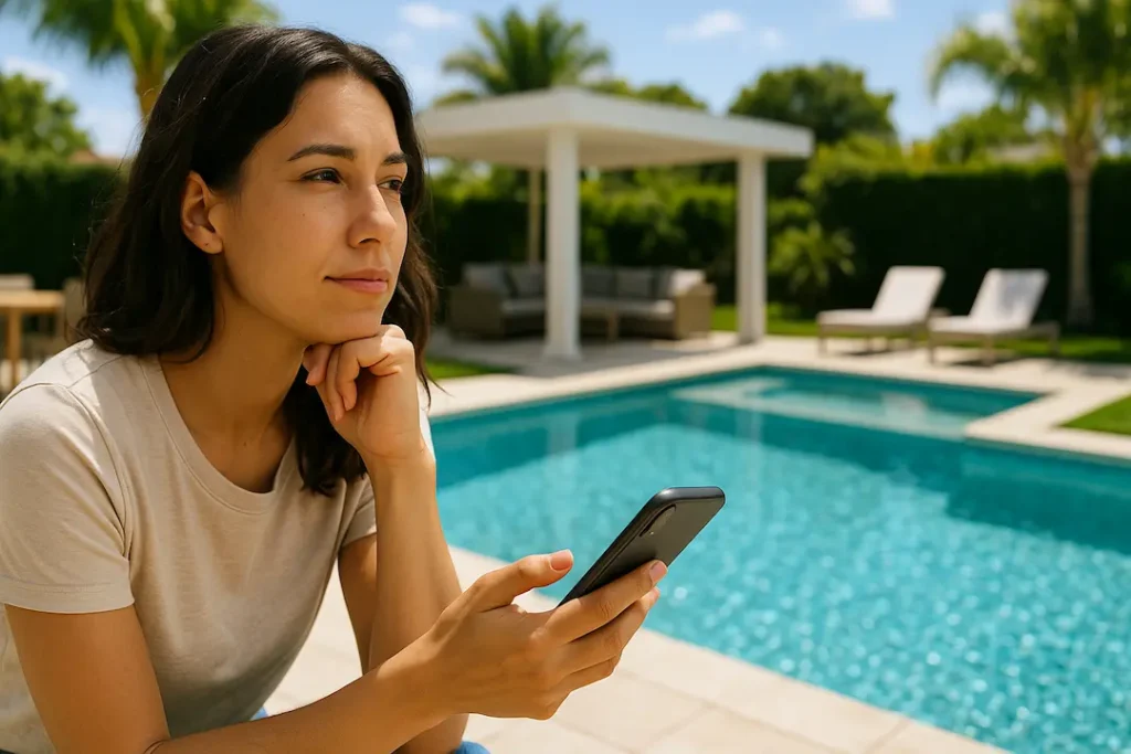 Mulher sentada à beira da piscina com celular em mãos, analisando qual o melhor gerador de cloro automático escolher, tomando decisão alinhada ao perfil de uso da piscina e buscando praticidade no tratamento da água.