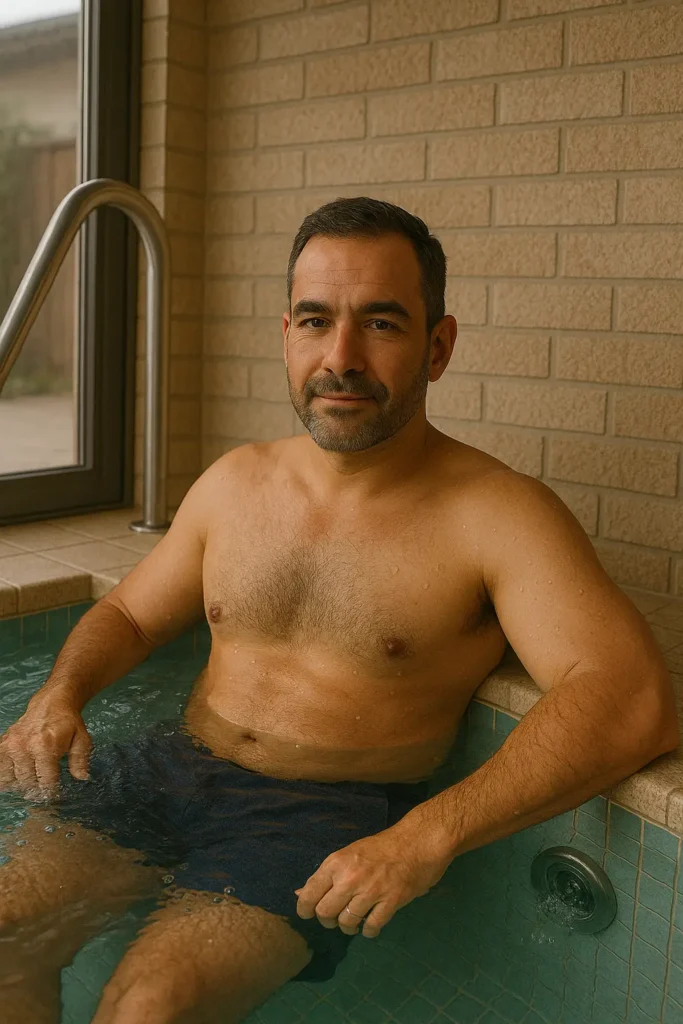 Homem relaxando em piscina com jato de hidromassagem ativado, ilustrando como os jatos funcionam como ferramenta complementar na hidroterapia, ajudando a potencializar seus efeitos sobre o corpo ao proporcionar estímulo localizado e sensação de alívio físico