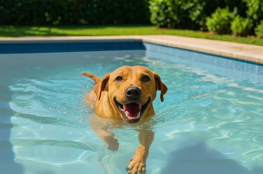 Cachorro nadando em piscina residencial com água tratada por gerador de cloro salino, que mantém a qualidade estável e segura mesmo com a presença de pets