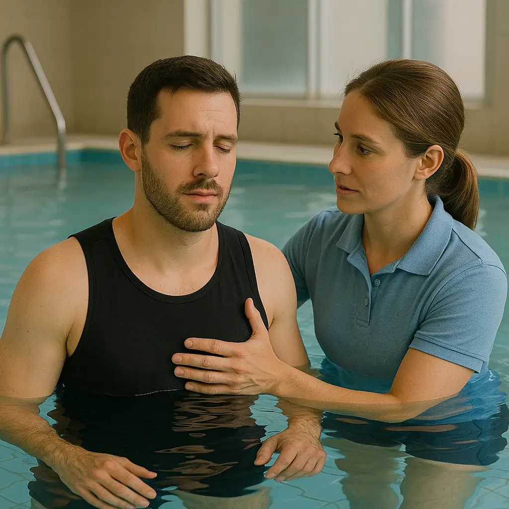 Sessão de fisioterapia aquática conduzida por profissional da saúde, representando o uso terapêutico da água no alívio da dor, na melhora da mobilidade e na reabilitação física. A imagem simboliza os benefícios da hidroterapia aplicada clinicamente, com apoio técnico especializado para tratar sintomas físico