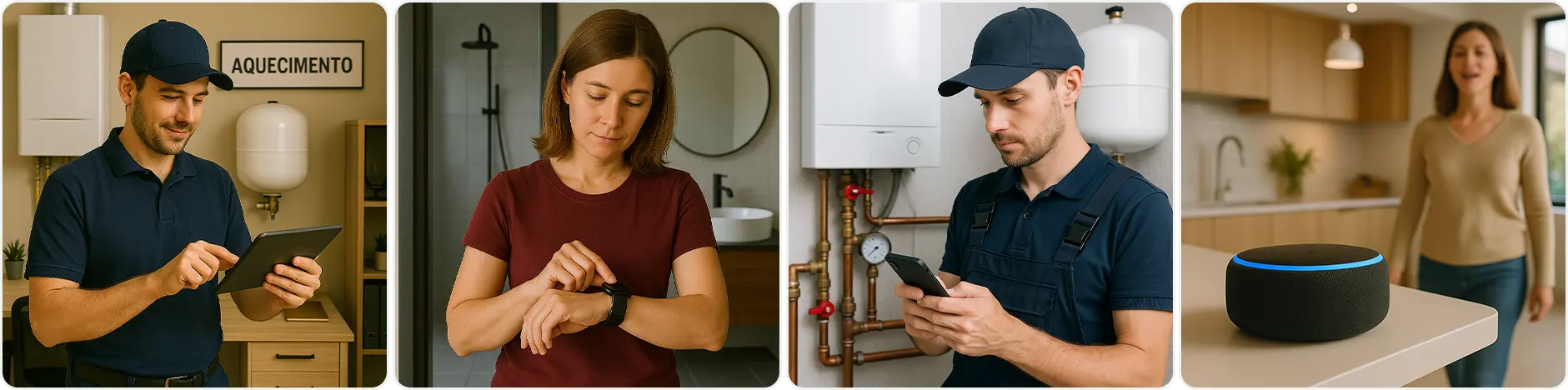 Personas utilizando diferentes dispositivos inteligentes —tableta, smartwatch, smartphone y asistente de voz— para controlar sistemas de calefacción.