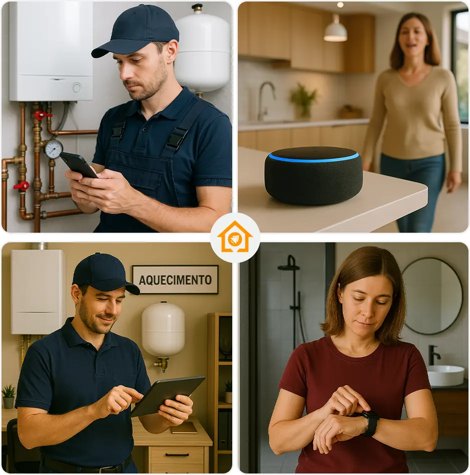 Personas usando diferentes dispositivos inteligentes —tableta, smartwatch, smartphone y asistente de voz— para controlar sistemas de calefacción.