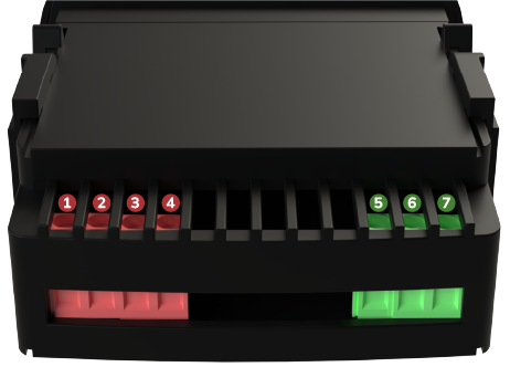 Vista traseira de um controlador TLS mostrando bornes de conexão numerados de 1 a 7.