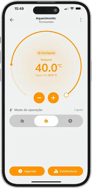Pantalla de un teléfono inteligente que muestra la interfaz de la app Tholz en modo calefacción, con la temperatura configurada en 40,0 °C.