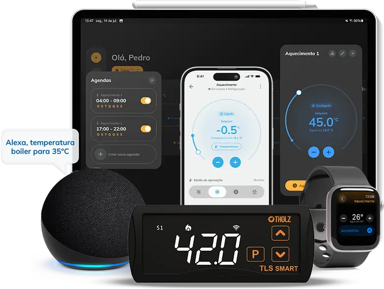 Controlador TLS Smart da Tholz com integração inteligente via app, Alexa, relógio e tablet.