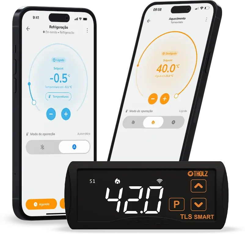 Controlador TLS Smart da Tholz exibindo temperatura no display, com dois smartphones mostrando as interfaces de aquecimento e refrigeração no aplicativo Tholz Casa Inteligente.