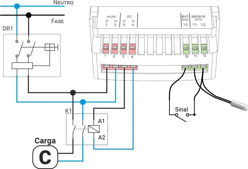 Diagrama elétrico de ligação de controlador TLS com relé, disjuntor DR, sensor NTC e sinal de entrada digital.