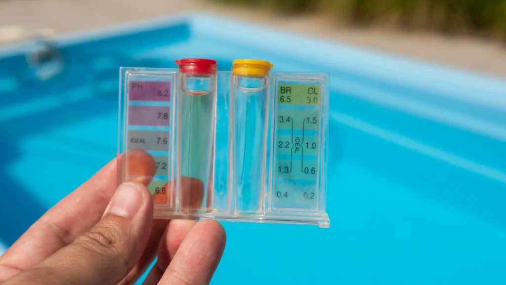 Kit de teste de água da piscina medindo os níveis de pH e cloro, segurado em frente a uma piscina com água azul.