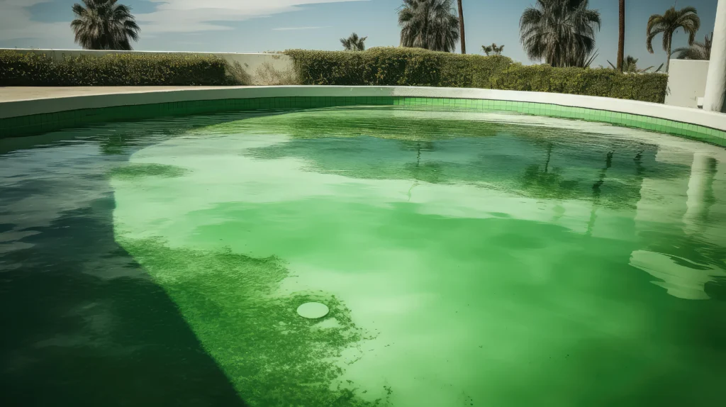 Piscina com água verde e turva, indicando proliferação de algas e falta de tratamento químico adequado.