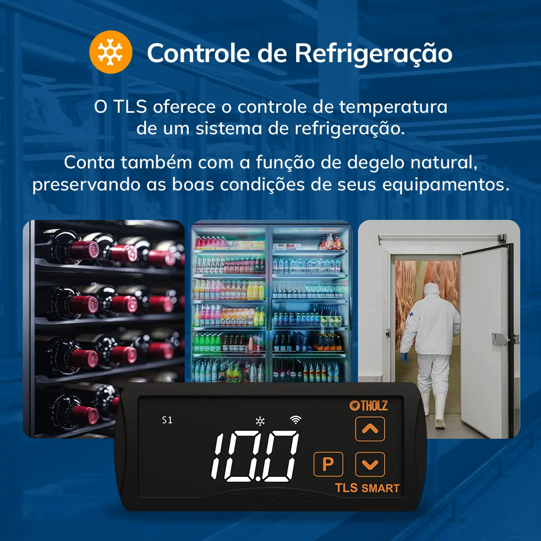Controlador TLS Smart da Tholz configurado para refrigeração, com imagens de adega, freezer de bebidas e câmara frigorífica.
