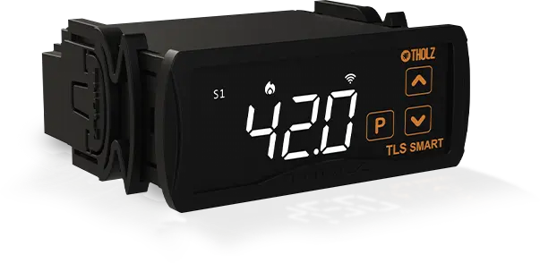 Controlador digital TLS Smart de Tholz con pantalla LED que muestra una temperatura de 42,0 °C.