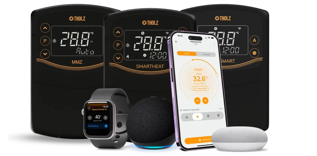 Controladores de aquecimento Tholz com integração a aplicativo mobile, smartwatch e assistentes inteligentes para controle de temperatura.