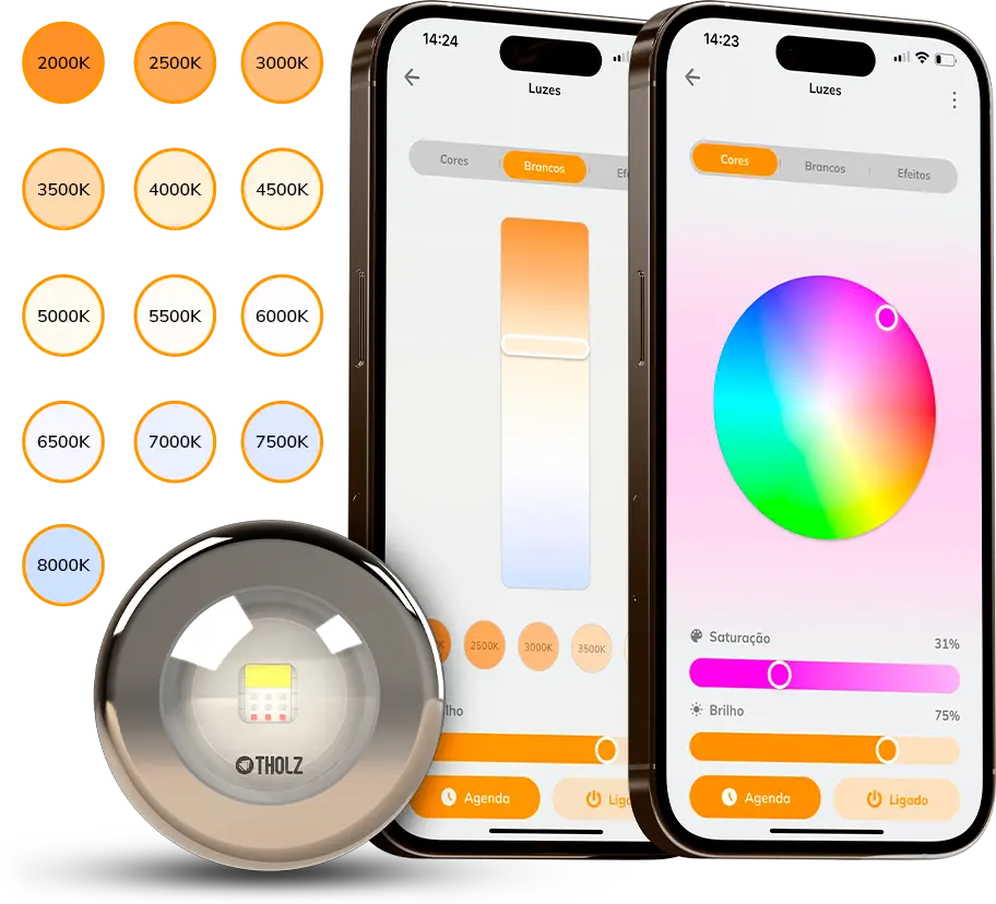 Uma piscina iluminada ao anoitecer, com refletores de LED espalhando luzes vibrantes em tons de azul e branco.