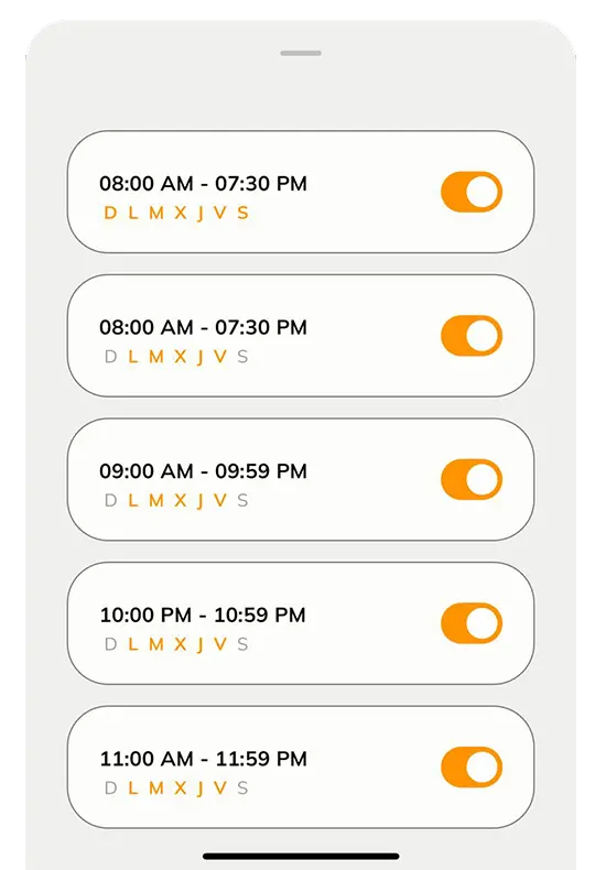 Pantalla de aplicación móvil mostrando una lista de horarios programados con interruptores activados y días de la semana seleccionados.