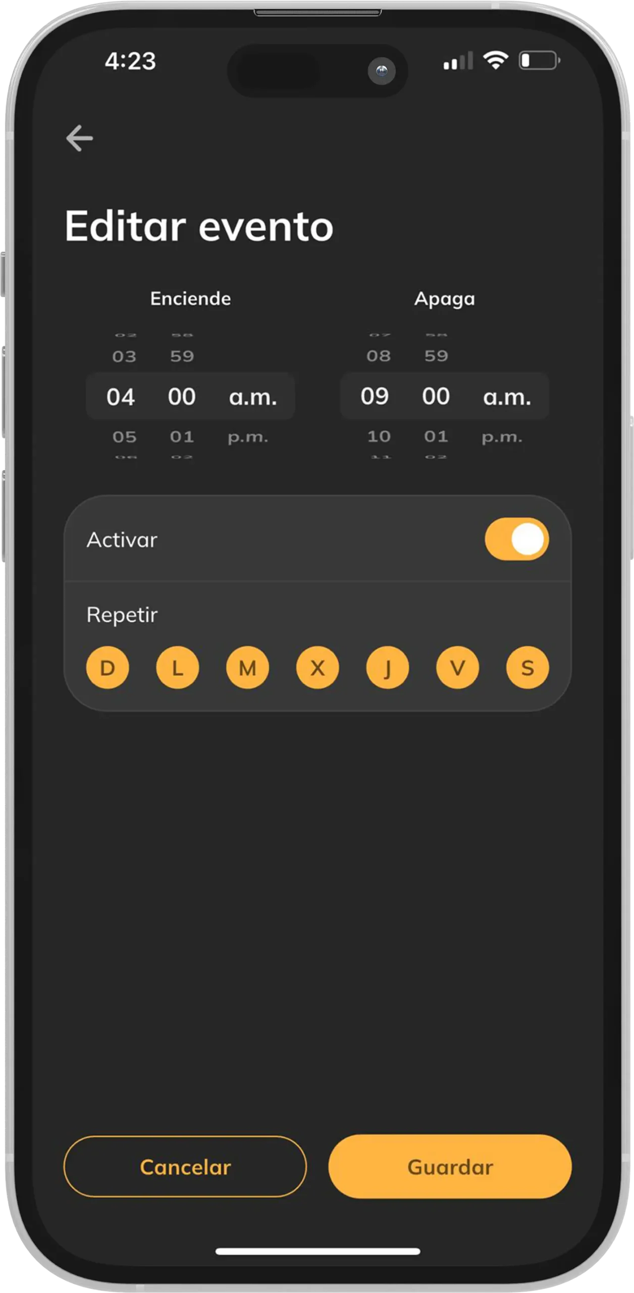 Teléfono inteligente mostrando la pantalla “Editar evento” de la aplicación Tholz Casa Inteligente con opciones para programar encendido y apagado automático.