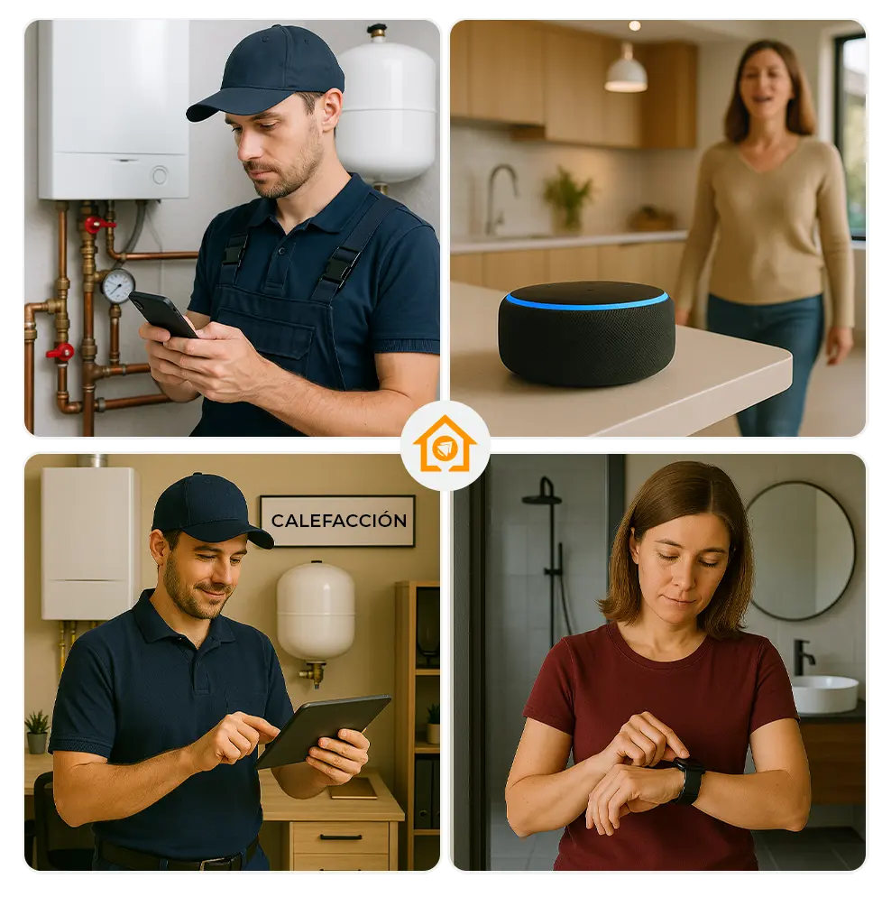 Personas utilizando diferentes dispositivos inteligentes —tableta, smartwatch, smartphone y asistente de voz— para controlar sistemas de calefacción.