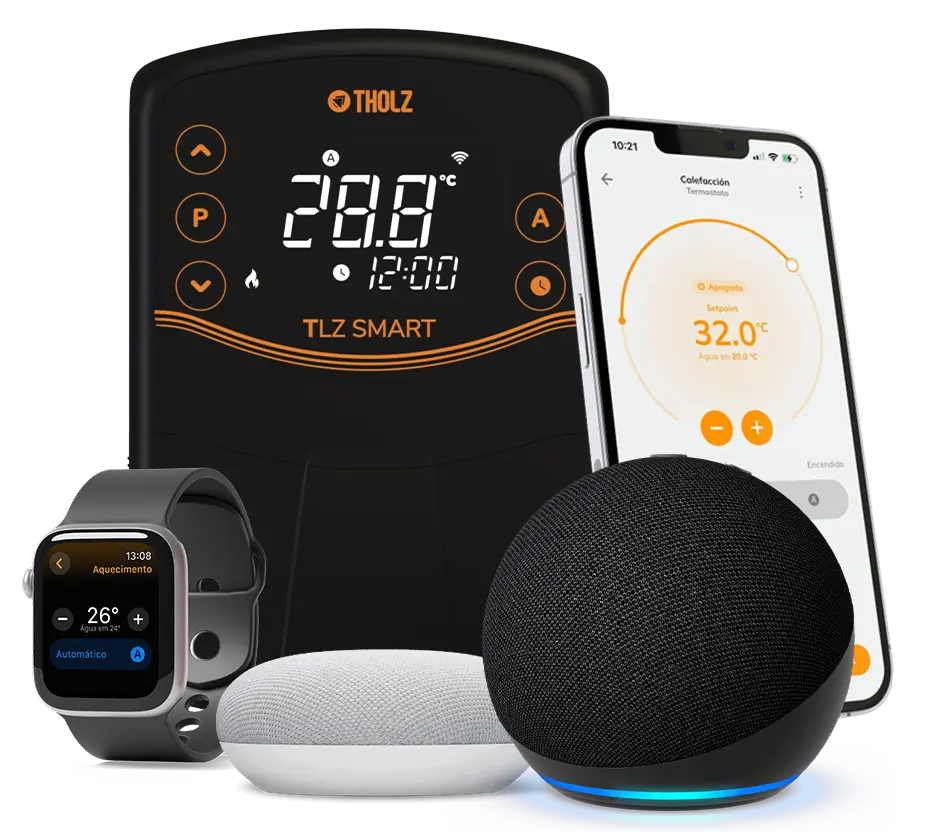 Teléfono inteligente y tableta mostrando la interfaz de estadísticas de temperatura del sistema Tholz Casa Inteligente con gráficos de monitoreo de agua y colector solar.