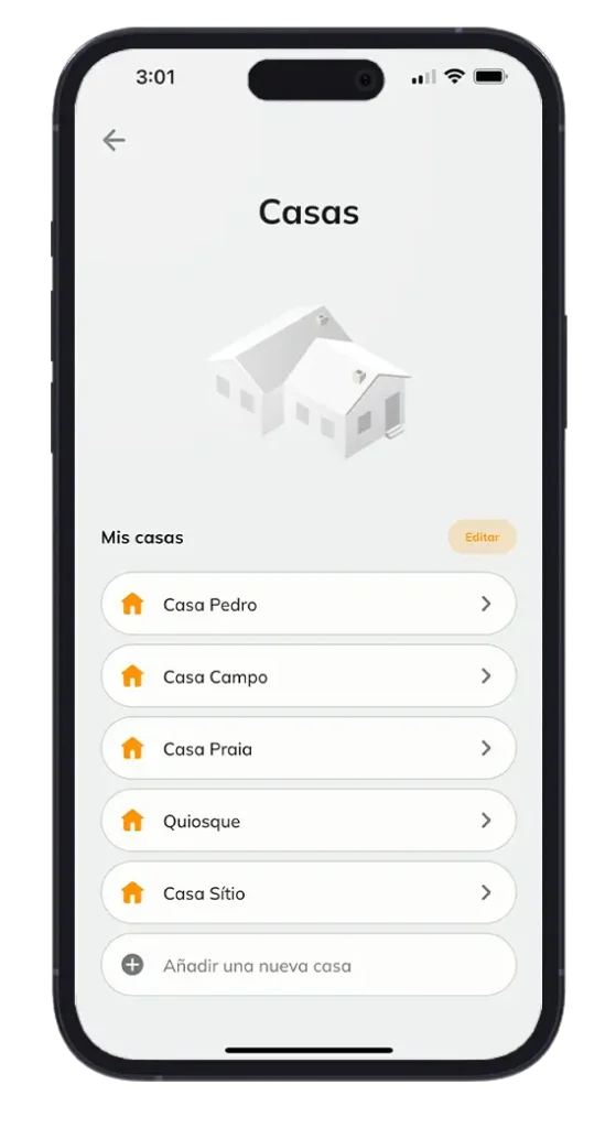 Pantalla de la app Tholz Casa Inteligente mostrando una lista de casas registradas con opciones de personalización.
