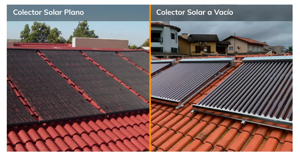 Comparación entre un colector solar plano y un colector solar al vacío instalados en techos de teja.