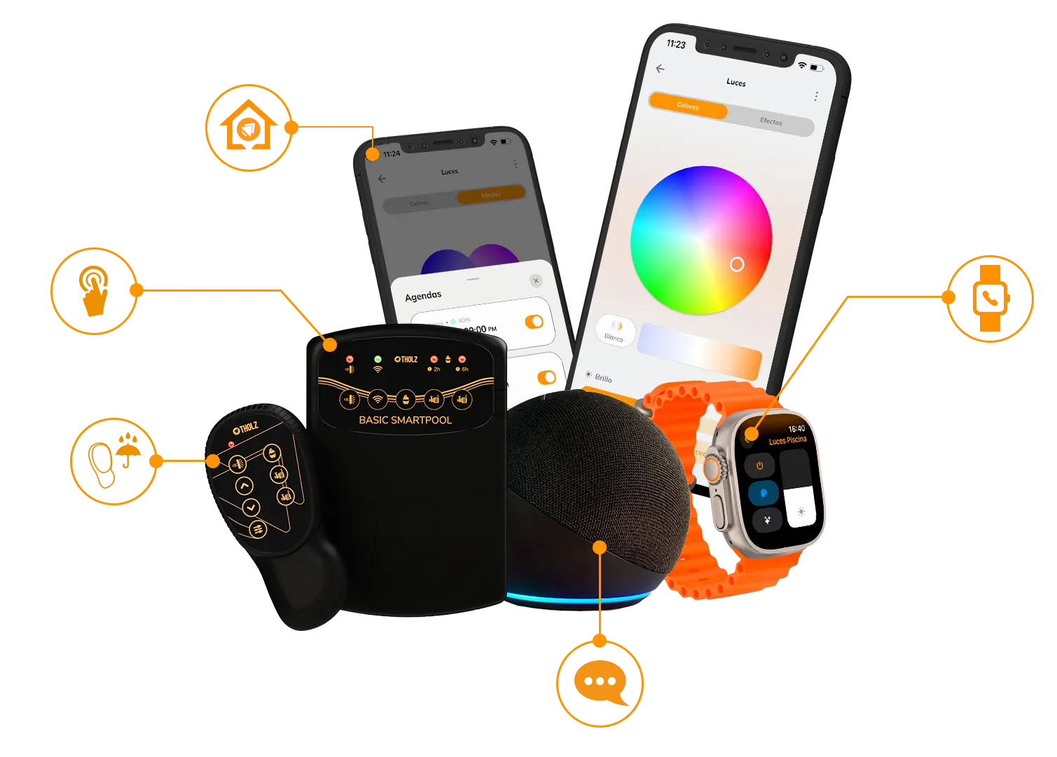 Ecosistema inteligente Tholz para piscinas, con módulo SMART, control remoto, aplicación móvil, compatibilidad con Apple Watch y comando de voz.