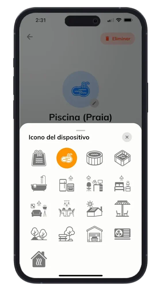 Pantalla de teléfono mostrando la selección de íconos para dispositivos en la app Tholz Casa Inteligente, con el ícono de piscina resaltado.
