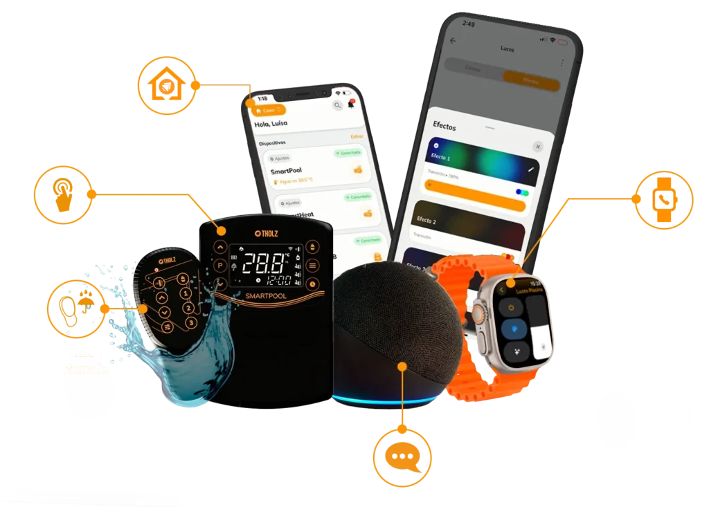Ecosistema de automatización Tholz SMART para piscinas, con módulo de control, control remoto, aplicación móvil, comando de voz y compatibilidad con Apple Watch.