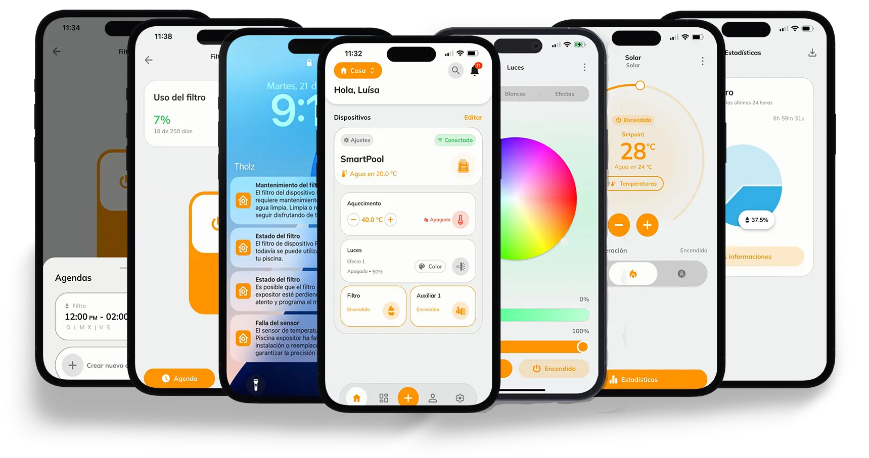 Teléfonos inteligentes mostrando diferentes pantallas de la aplicación Tholz Casa Inteligente, incluyendo control de filtro, notificaciones, iluminación RGB, calefacción solar y estadísticas de uso.