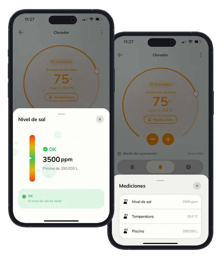 Pantallas de la app Tholz Casa Inteligente mostrando los niveles de sal, temperatura y volumen de agua en la piscina.