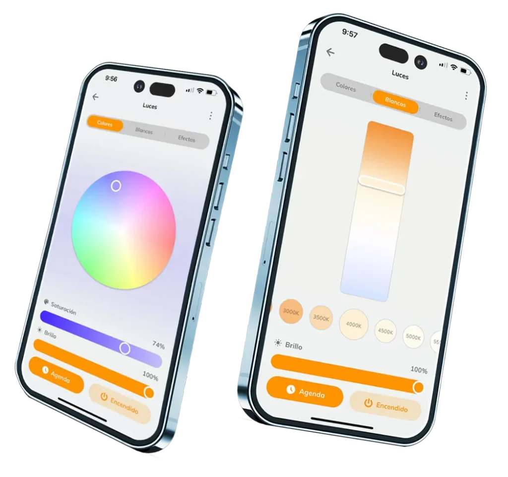 Pantallas de la app Tholz Casa Inteligente mostrando el control de color y temperatura de iluminación para piscinas.