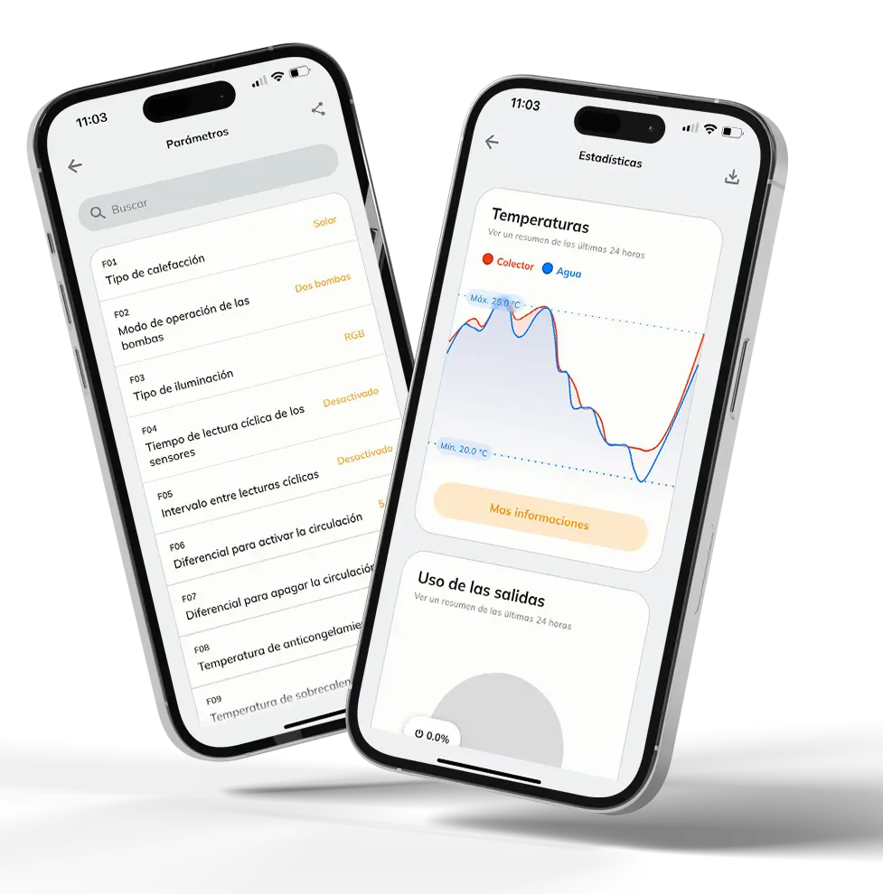 Dos teléfonos inteligentes mostrando la interfaz de la aplicación Tholz con parámetros de configuración y estadísticas de temperatura de piscina.