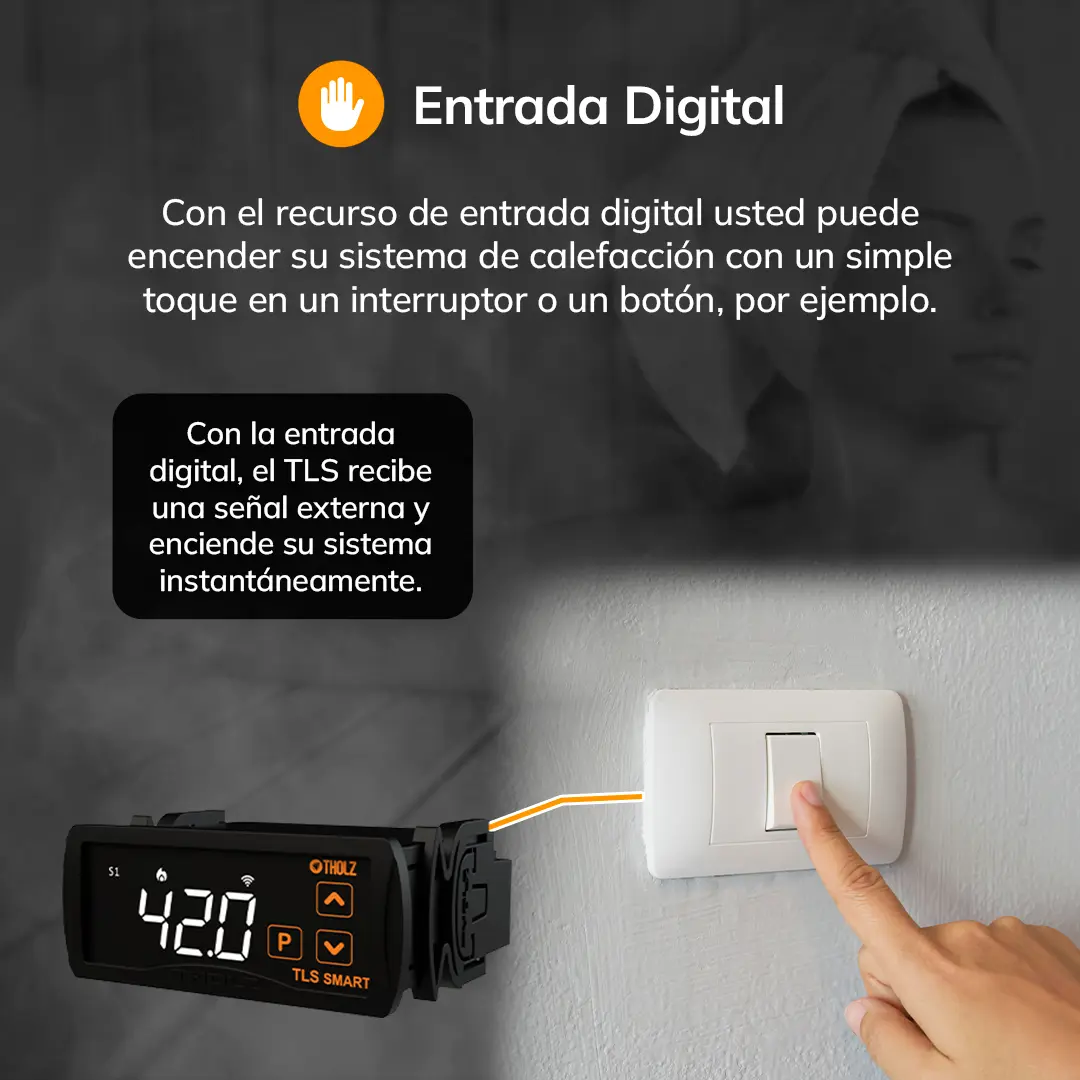 Banner informativo sobre la función de entrada digital del controlador TLS de Tholz, con la imagen de una persona activando un interruptor de pared para encender el sistema de calefacción.