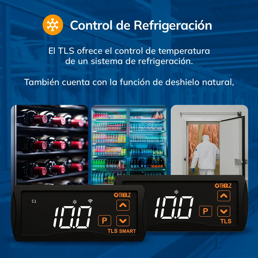 Gráfico “Modos de Funcionamiento TLS Smart – Control de Refrigeración y Aplicaciones”, que muestra diferentes modos operativos para refrigeración, con íconos y controladores digitales.
