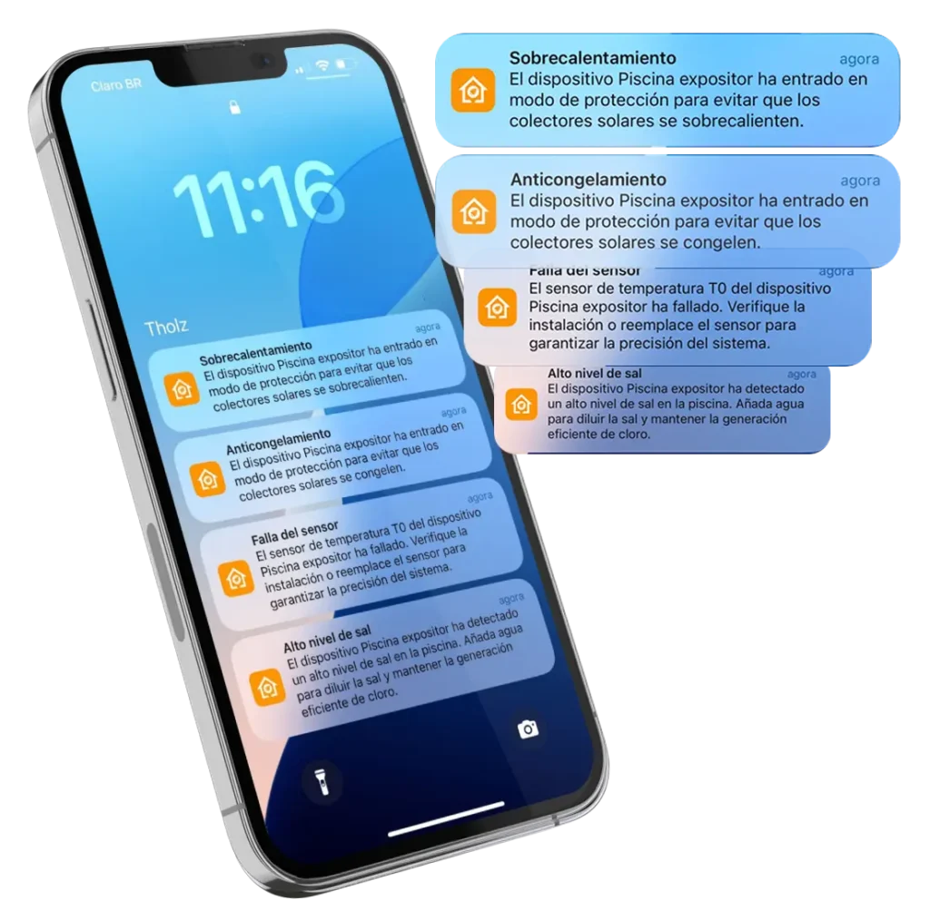 Pantalla de un teléfono mostrando notificaciones en la app Tholz sobre el estado y protección del sistema solar y del generador de cloro.