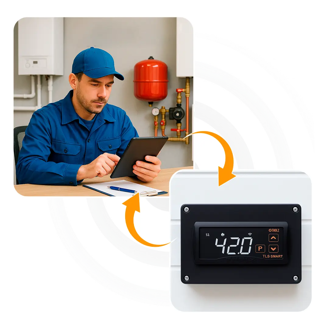 Técnico con tableta monitoreando un sistema de calefacción conectado a un controlador TLS Smart de Tholz.