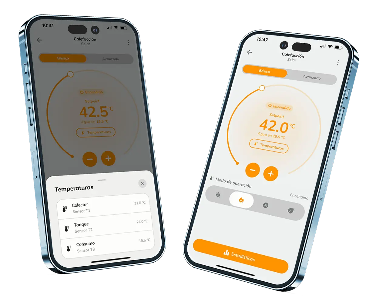 Pantallas de la app Tholz Casa Inteligente mostrando el control de temperatura del sistema de calefacción solar para piscinas.