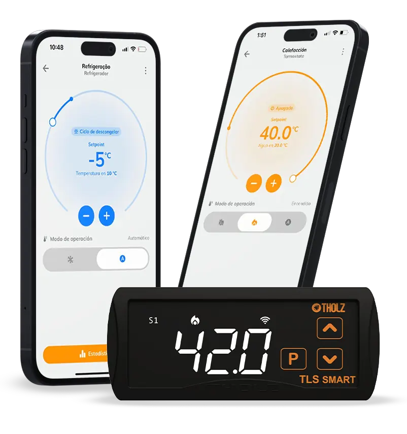 Dos teléfonos inteligentes mostrando la interfaz de control de temperatura Tholz para calefacción y refrigeración, junto con el controlador digital TLS Smart.
