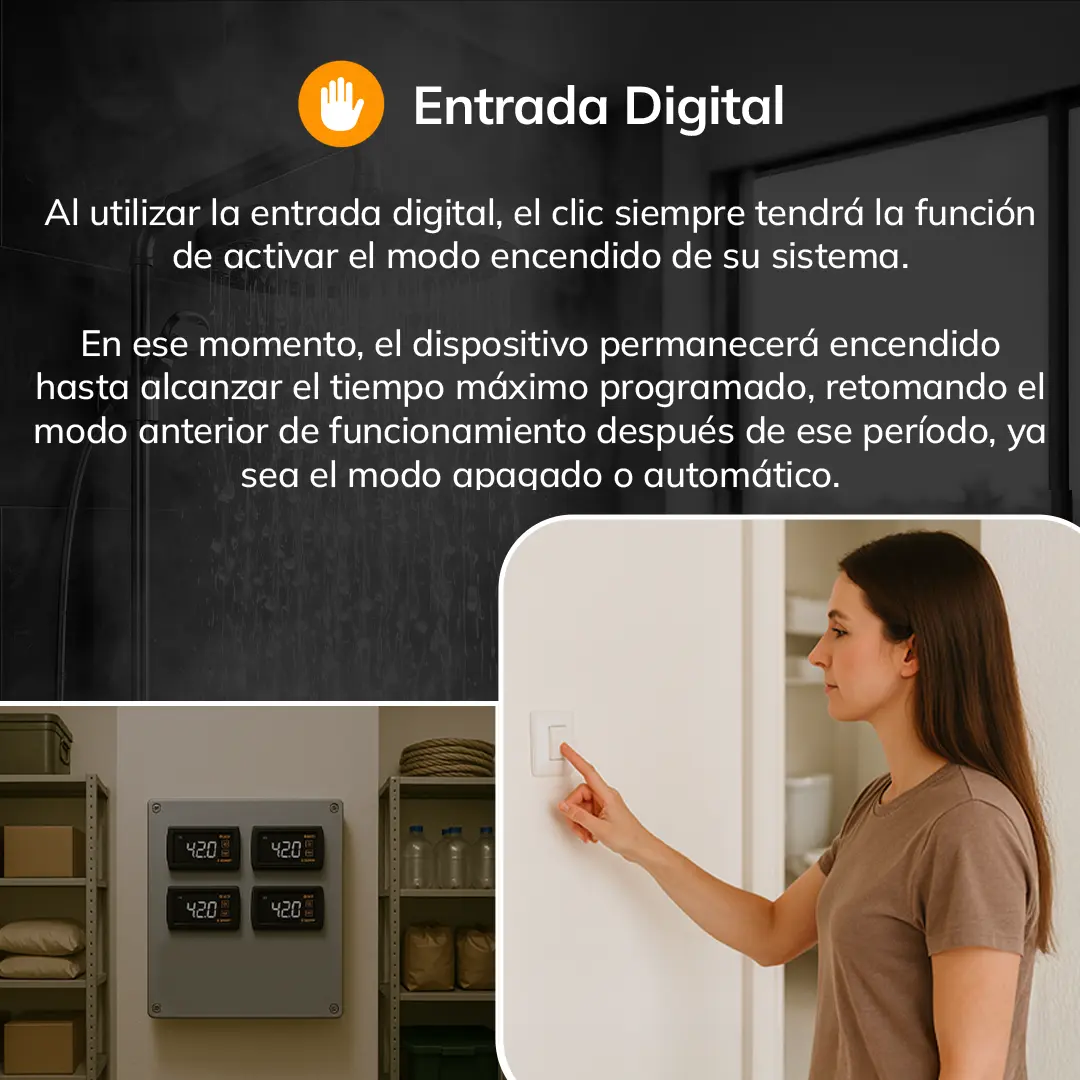 Banner explicativo sobre el uso de la entrada digital en el controlador TLS de Tholz, con la imagen de una mujer activando un interruptor y un panel con cuatro controladores digitales.